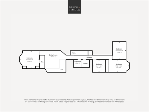 A floor plan of a residence with a kitchen, dining room, living room, and two bedrooms.